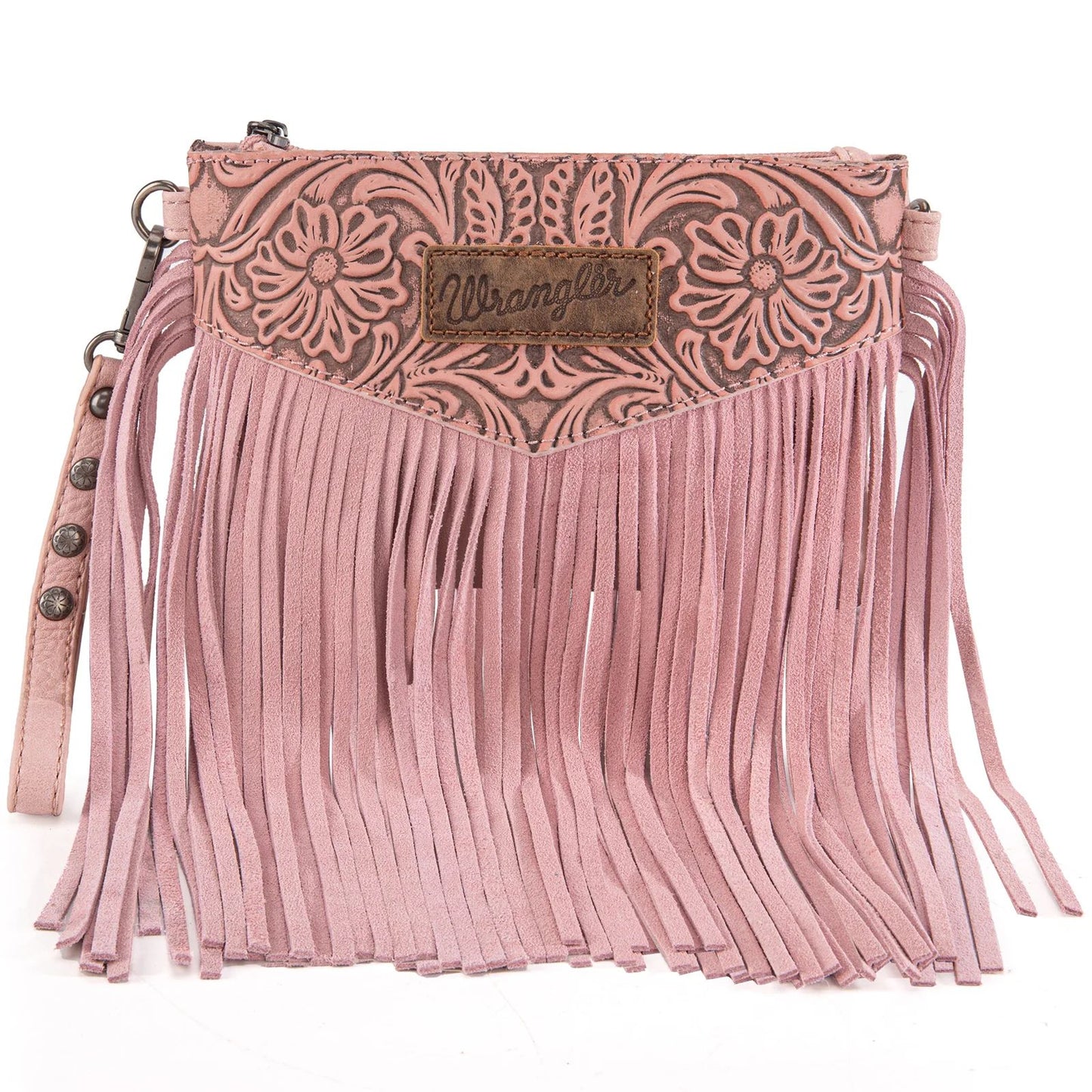 Wrangler Vintage Floral Tooled Collection Fringe Crossbody or Wristlet - Pink