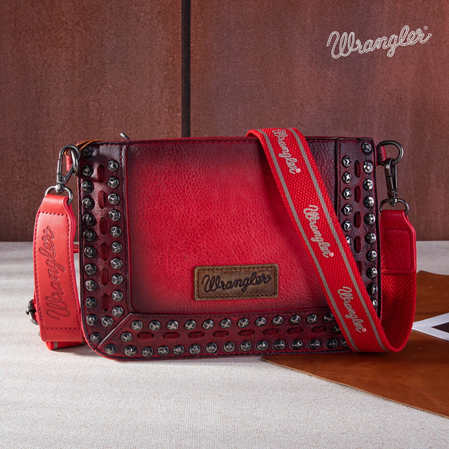 Wrangler Rivets Studded Wristlet / Crossbody - Red