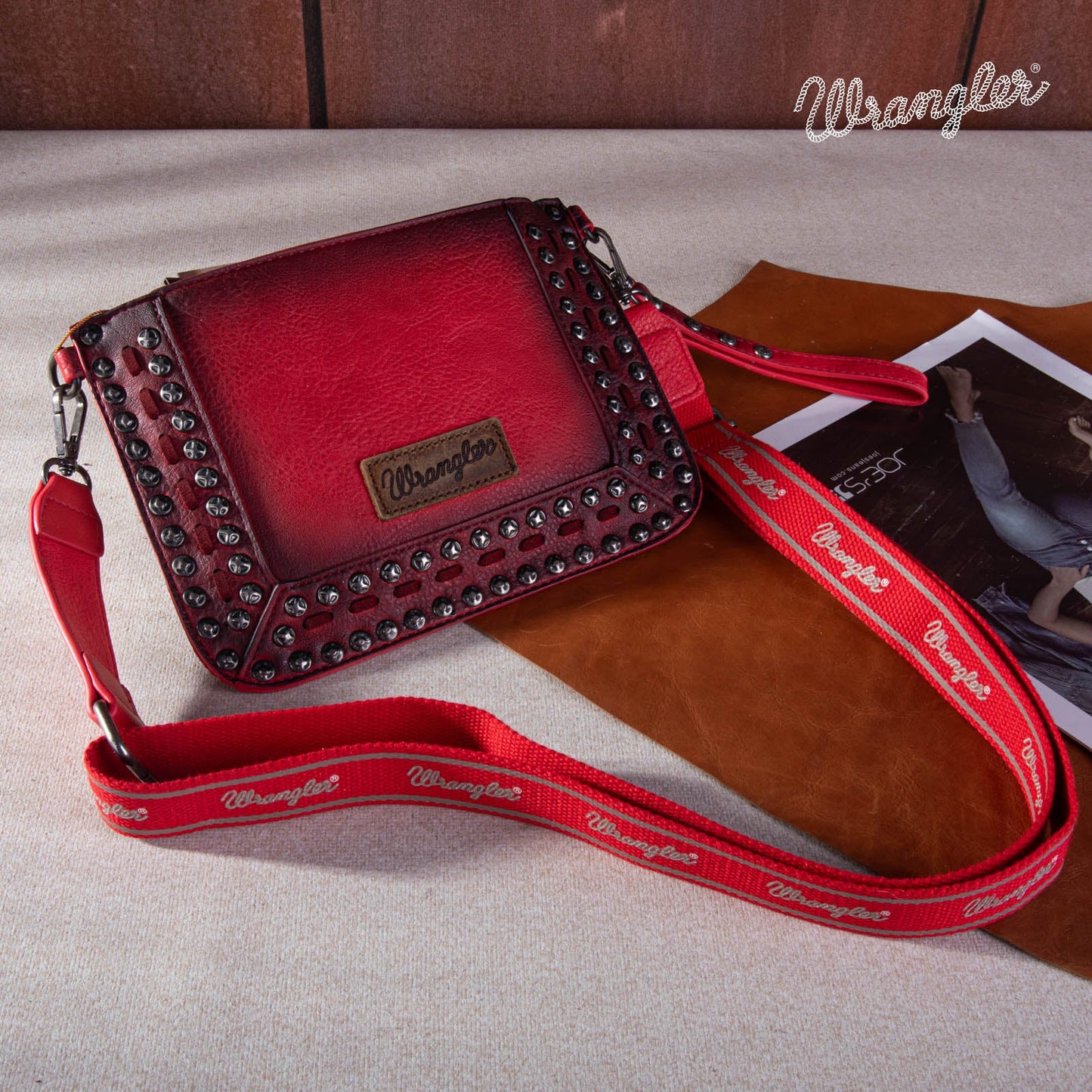 Wrangler Rivets Studded Wristlet / Crossbody - Red