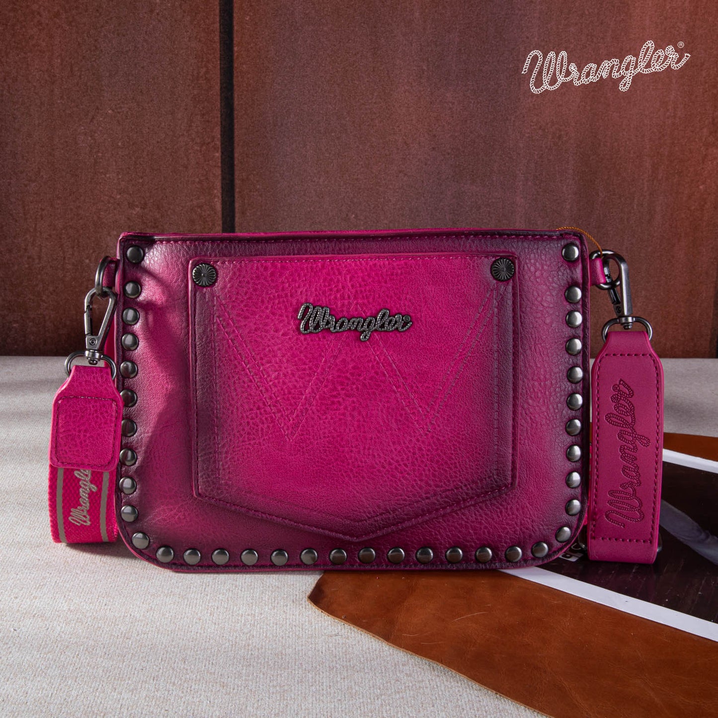 Wrangler Rivets Studded Wristlet / Crossbody - Coral