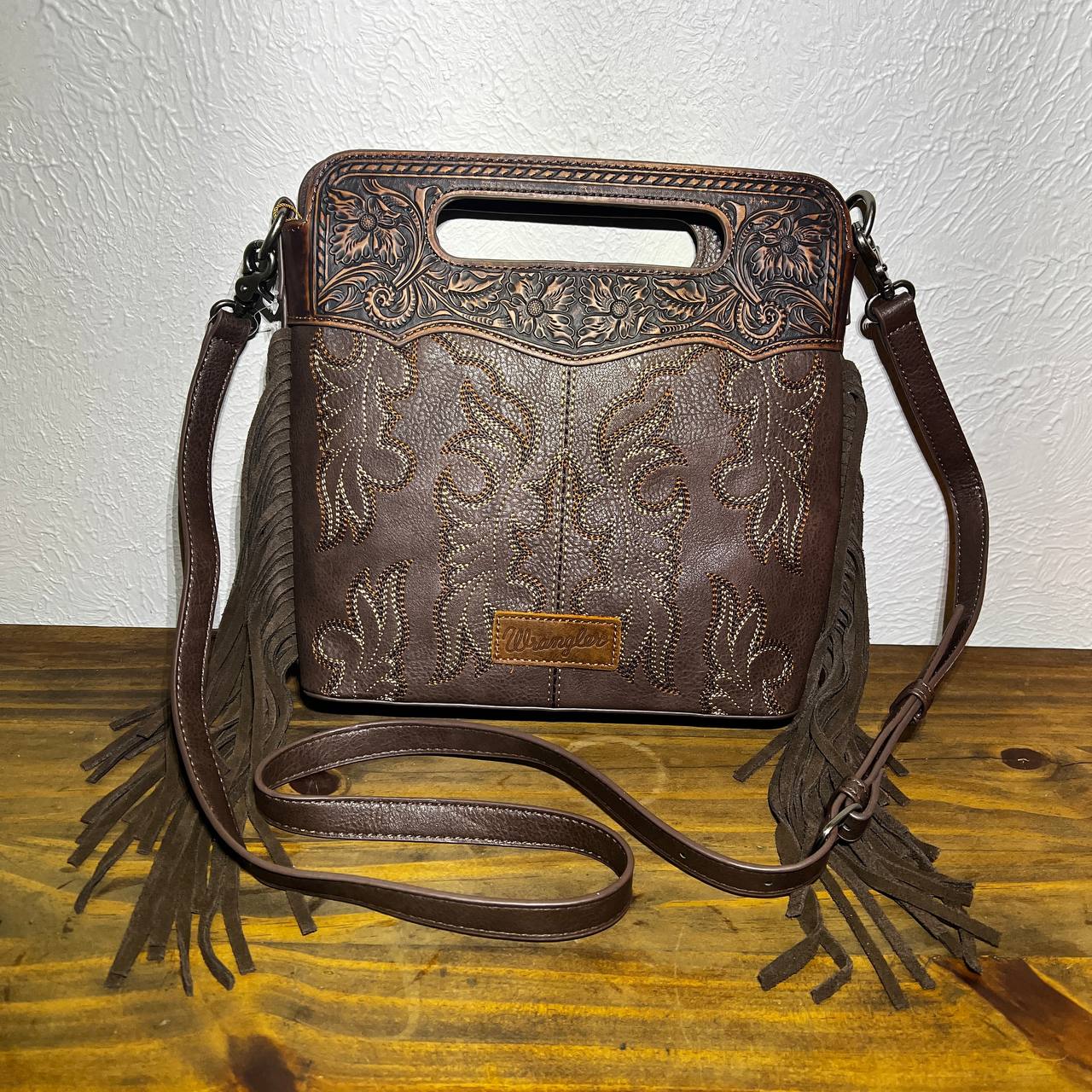 Wrangler Fringe Embossed Tote Handbag with Adjustable Strap