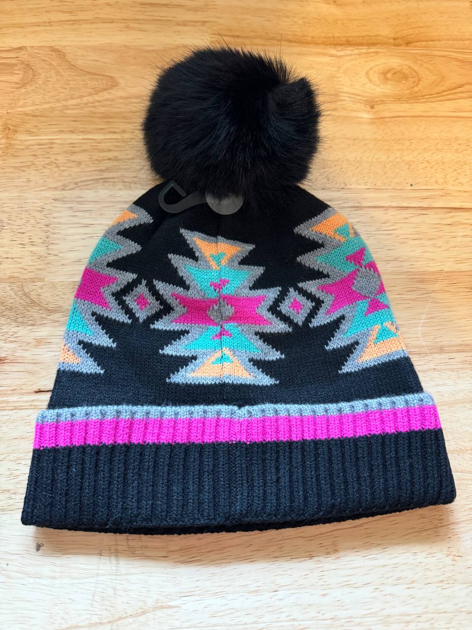 Southwest Pattern Pom Beanie for Women Unisex - Stretchable Soft Warm with Faux Fur Pom Knit Winter Skully Hat