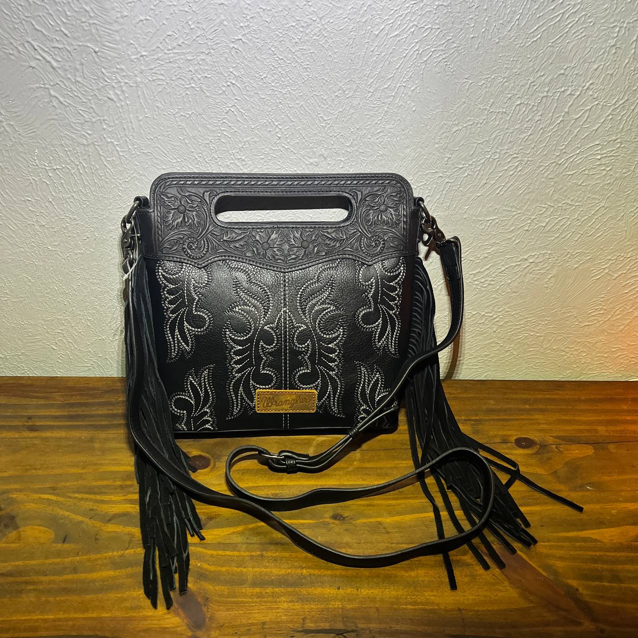 Wrangler Fringe Embossed Tote Handbag with Adjustable Strap