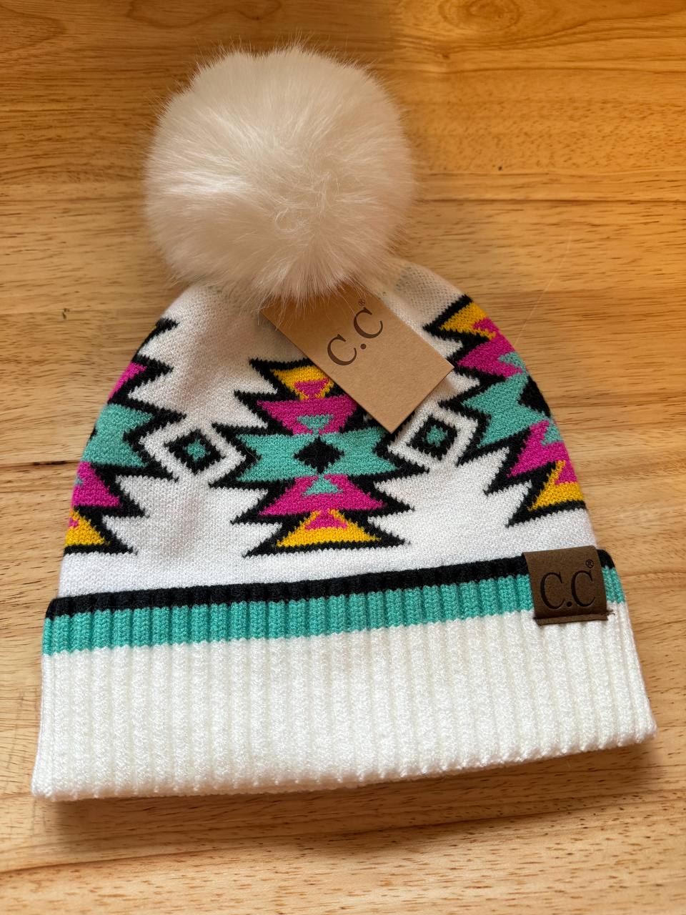 Southwest Pattern Pom Beanie for Women Unisex - Stretchable Soft Warm with Faux Fur Pom Knit Winter Skully Hat