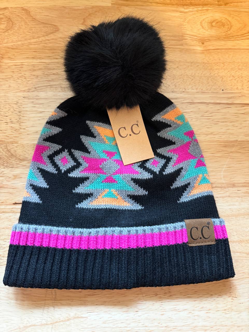 Southwest Pattern Pom Beanie for Women Unisex - Stretchable Soft Warm with Faux Fur Pom Knit Winter Skully Hat