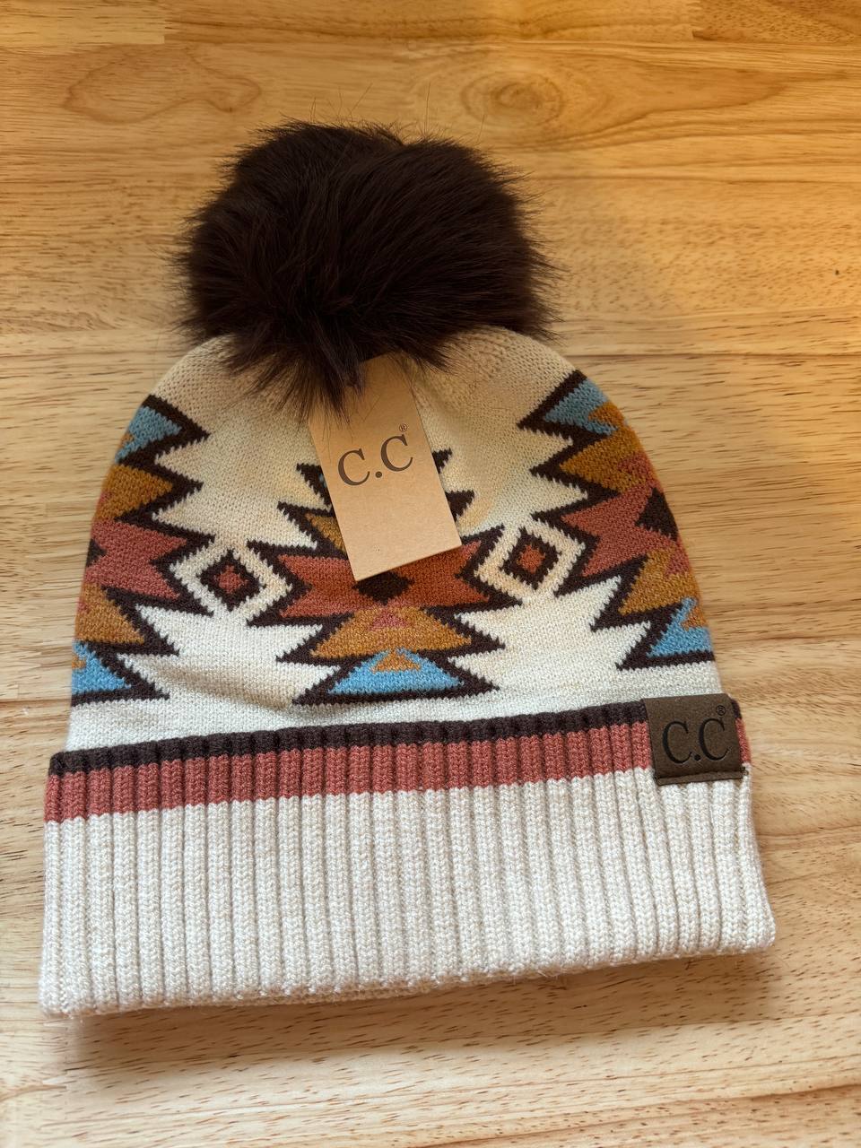 Southwest Pattern Pom Beanie for Women Unisex - Stretchable Soft Warm with Faux Fur Pom Knit Winter Skully Hat