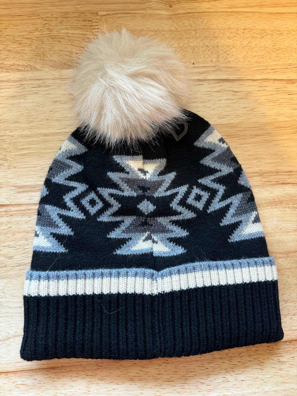 Southwest Pattern Pom Beanie for Women Unisex - Stretchable Soft Warm with Faux Fur Pom Knit Winter Skully Hat