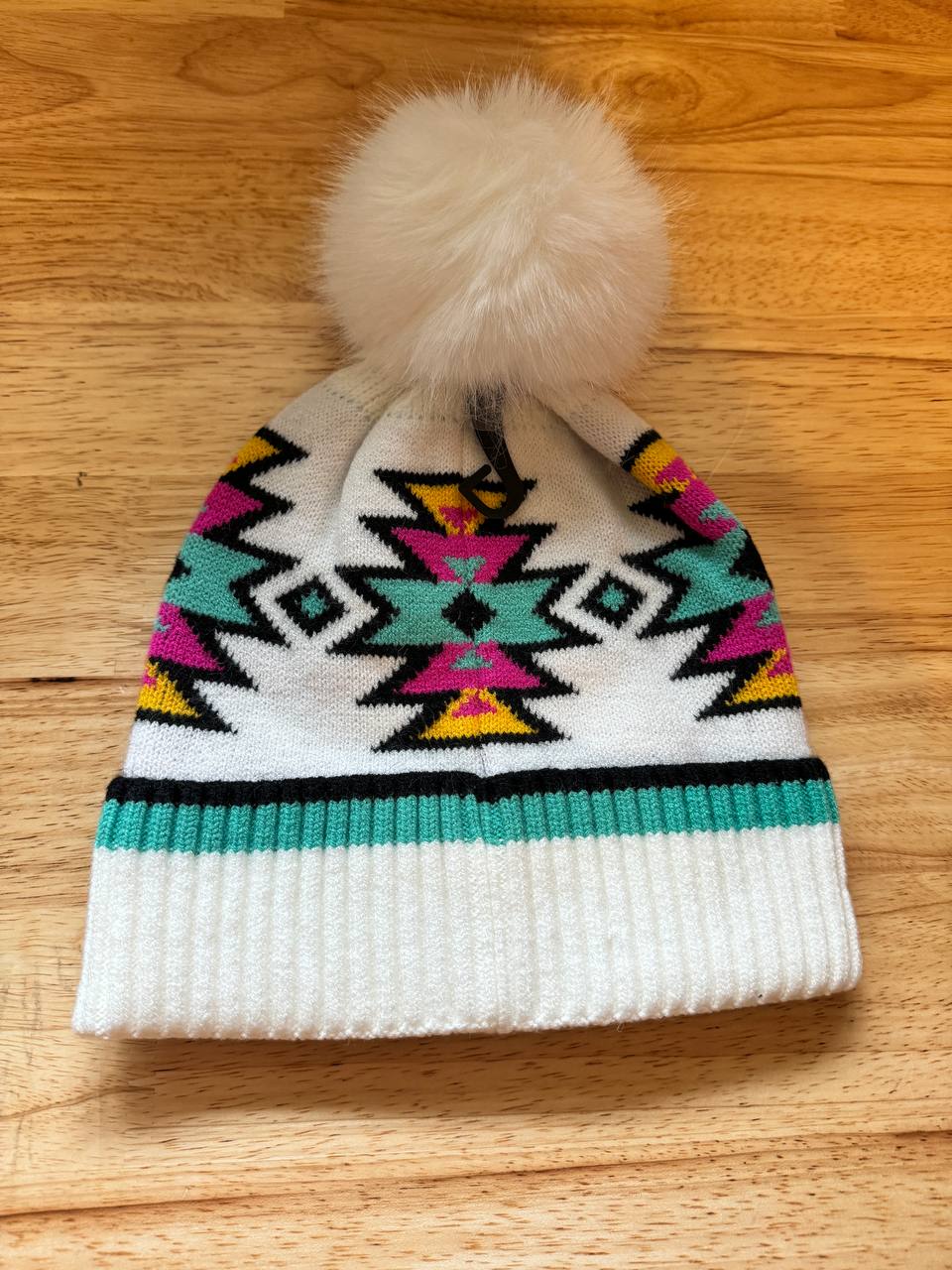 Southwest Pattern Pom Beanie for Women Unisex - Stretchable Soft Warm with Faux Fur Pom Knit Winter Skully Hat