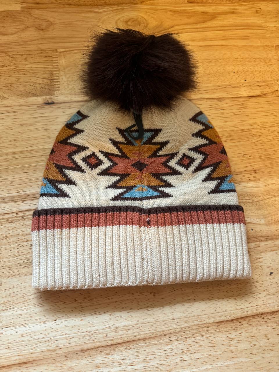 Southwest Pattern Pom Beanie for Women Unisex - Stretchable Soft Warm with Faux Fur Pom Knit Winter Skully Hat